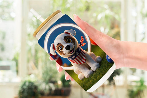 Glass Can Patriotic Puppy Crochet Sublimation artnoy 