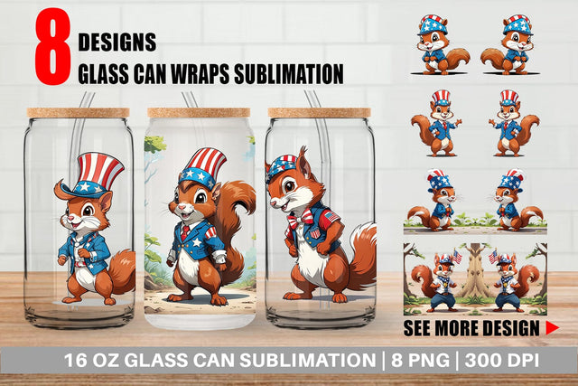 Glass Can Patriotic Red Squirrel Sublimation artnoy 