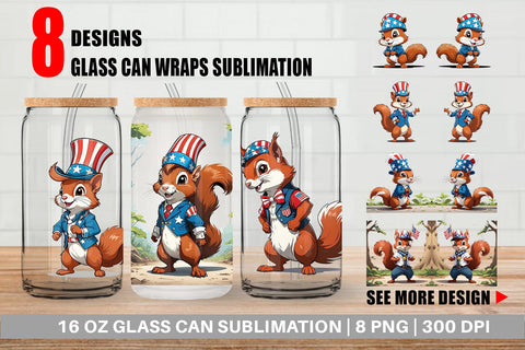 Glass Can Patriotic Red Squirrel Sublimation artnoy 