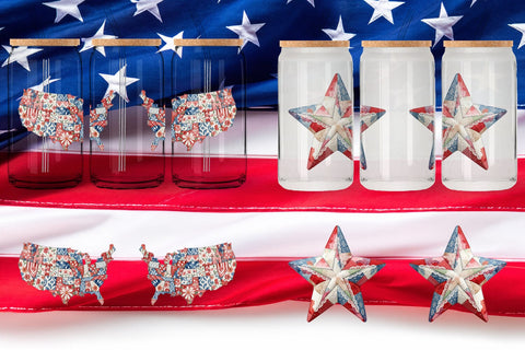 Glass Can Patriotic Symbol Patchwork Watercolor Sublimation artnoy 