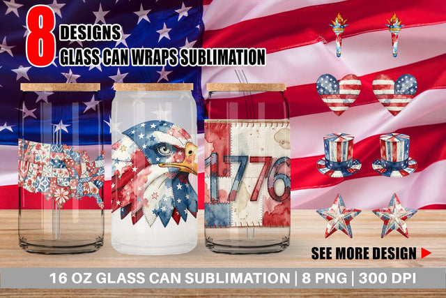 Glass Can Patriotic Symbol Patchwork Watercolor Sublimation artnoy 