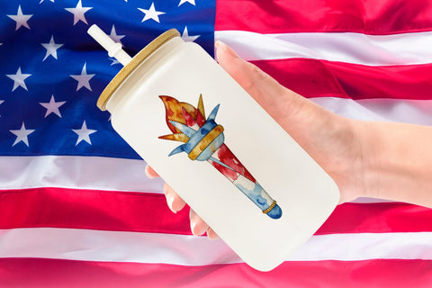 Glass Can Patriotic Symbol Patchwork Watercolor Sublimation artnoy 