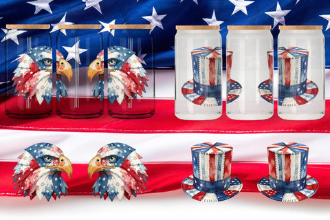 Glass Can Patriotic Symbol Patchwork Watercolor Sublimation artnoy 