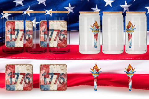 Glass Can Patriotic Symbol Patchwork Watercolor Sublimation artnoy 
