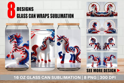 Glass Can Patriotic Unicorn Crochet Sublimation artnoy 