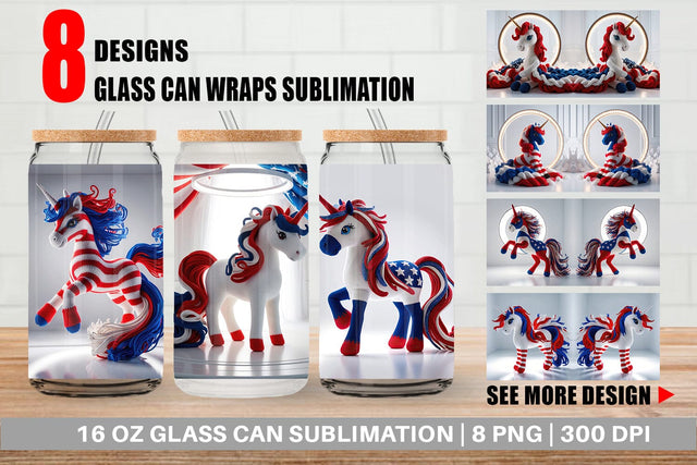 Glass Can Patriotic Unicorn Crochet Sublimation artnoy 