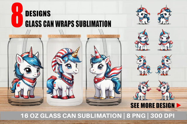 Glass Can Patriotic Unicorn Sublimation artnoy 