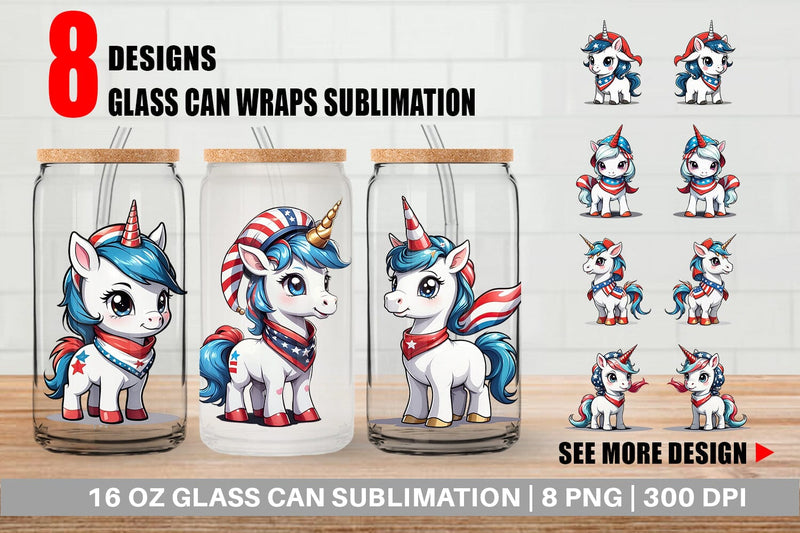 Glass Can Patriotic Unicorn Sublimation artnoy 