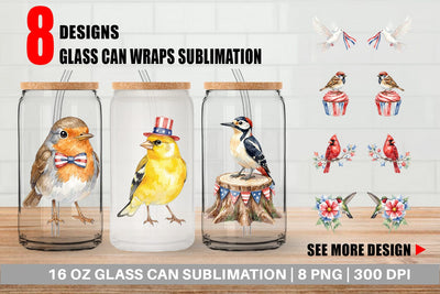 Glass Can Patriotic Watercolor Birds Sublimation artnoy 
