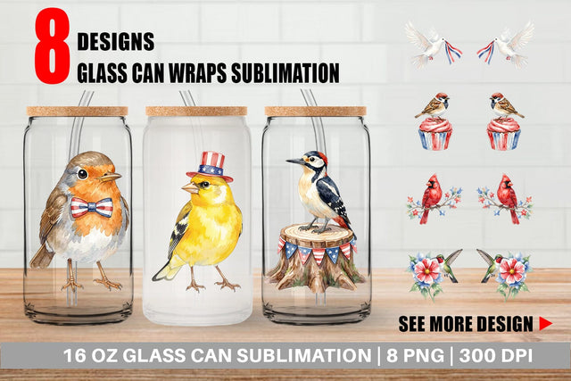 Glass Can Patriotic Watercolor Birds Sublimation artnoy 