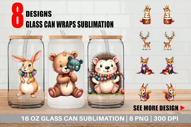 Glass Can Paw-di Gras Puppy & Kitten Carnival Watercolor Sublimation artnoy 