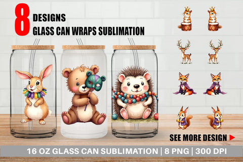 Glass Can Paw-di Gras Puppy & Kitten Carnival Watercolor Sublimation artnoy 