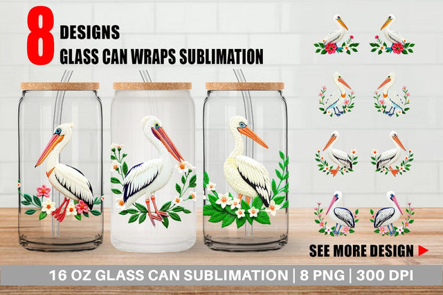 Glass Can Pelican Embroidery Sublimation artnoy 