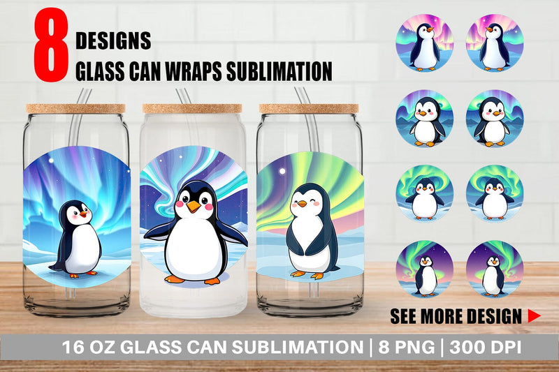 Glass Can Penguin and Aurora Borealis Sublimation artnoy 