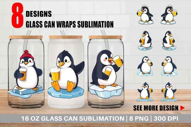 Glass Can Penguin Beer Day Sublimation artnoy 