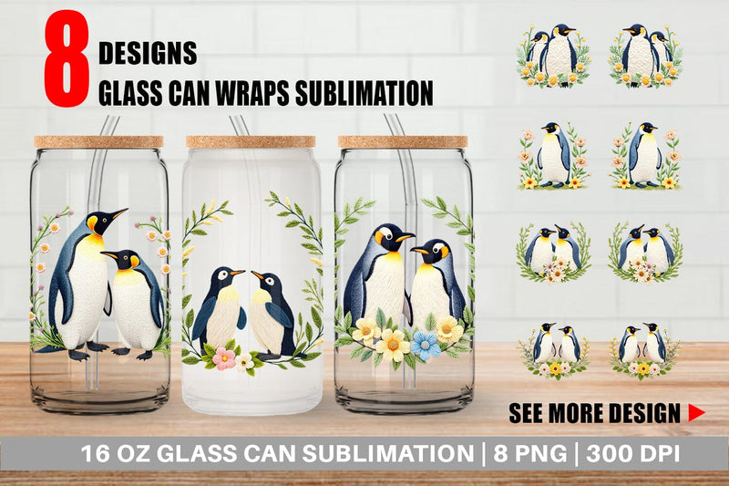 Glass Can Penguin Embroidery Sublimation artnoy 