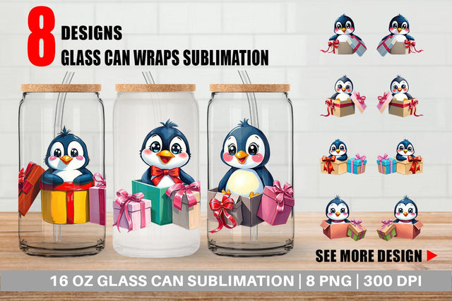 Glass Can Penguin Gift Sublimation artnoy 