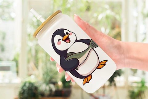 Glass Can Penguin Holding a Fish Sublimation artnoy 