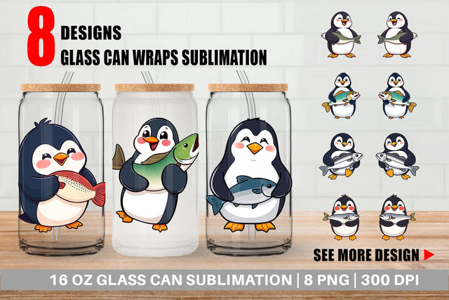 Glass Can Penguin Holding a Fish Sublimation artnoy 
