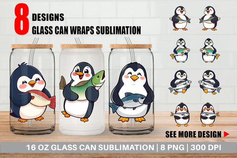 Glass Can Penguin Holding a Fish Sublimation artnoy 