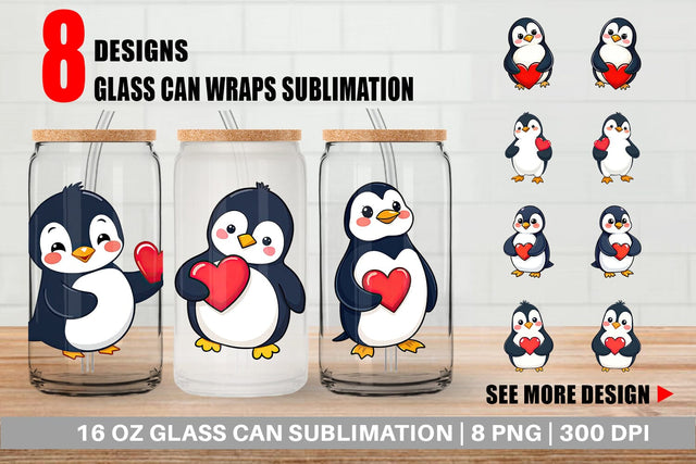 Glass Can Penguin Holding a Heart Sublimation artnoy 
