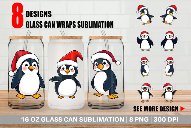 Glass Can Penguin in a Santa Hat Sublimation artnoy 
