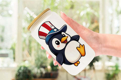 Glass Can Penguin Patriotic Sublimation artnoy 