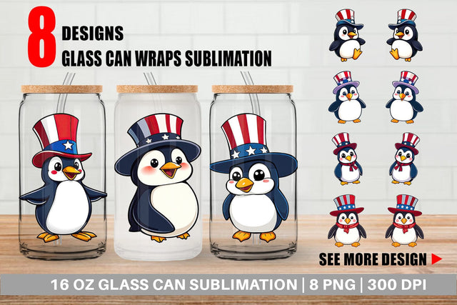 Glass Can Penguin Patriotic Sublimation artnoy 