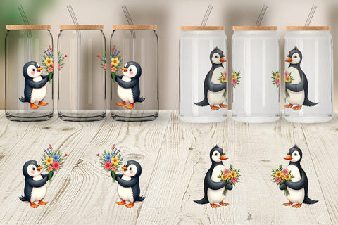 Glass Can Penguin Spring Bouquet Sublimation artnoy 