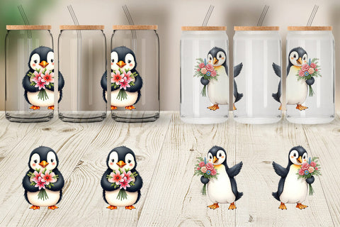 Glass Can Penguin Spring Bouquet Sublimation artnoy 