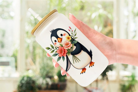 Glass Can Penguin Spring Bouquet Sublimation artnoy 