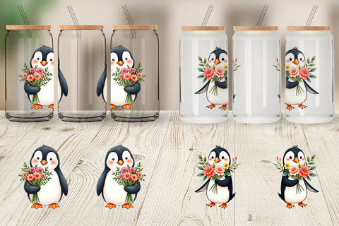 Glass Can Penguin Spring Bouquet Sublimation artnoy 