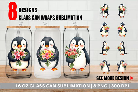 Glass Can Penguin Spring Bouquet Sublimation artnoy 