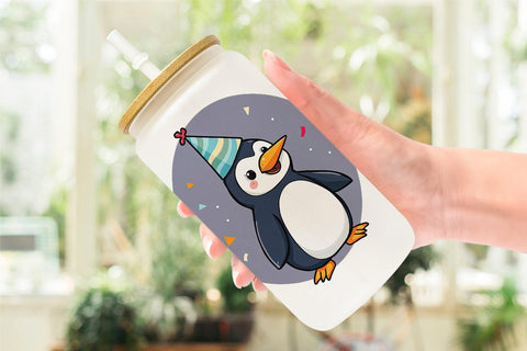 Glass Can Penguin with a Party Hat Sublimation artnoy 