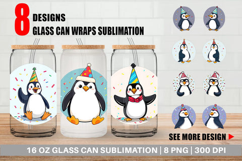 Glass Can Penguin with a Party Hat Sublimation artnoy 