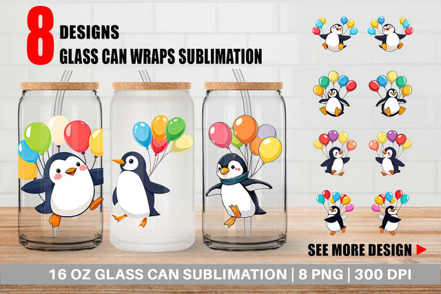 Glass Can Penguin with Balloons Sublimation artnoy 