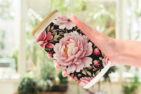 Glass Can Peony Pattern Sublimation artnoy 