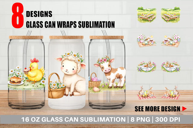 Glass Can Picnic with Farm Animal Sublimation artnoy 