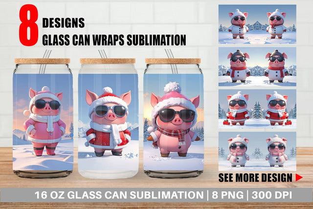 Glass Can Pig Christmas Sublimation artnoy 