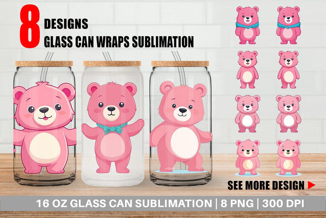 Glass Can Pink Bear Valentine Sublimation artnoy 