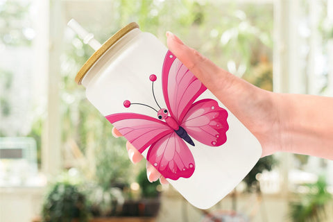 Glass Can Pink Butterfly Valentine Sublimation artnoy 