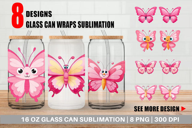 Glass Can Pink Butterfly Valentine Sublimation artnoy 