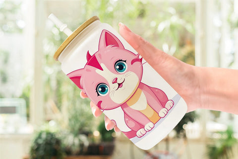 Glass Can Pink Cat Valentine Sublimation artnoy 