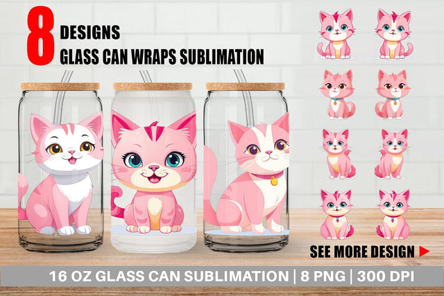 Glass Can Pink Cat Valentine Sublimation artnoy 