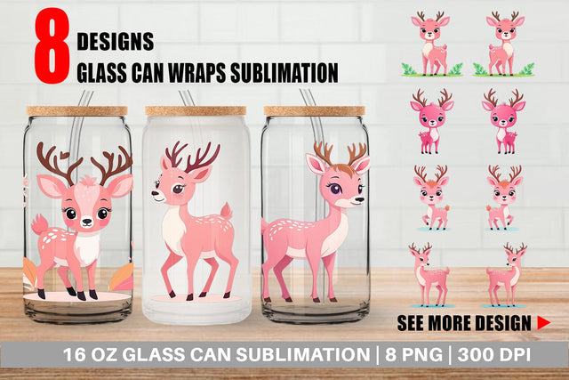 Glass Can Pink Deer Valentine Sublimation artnoy 