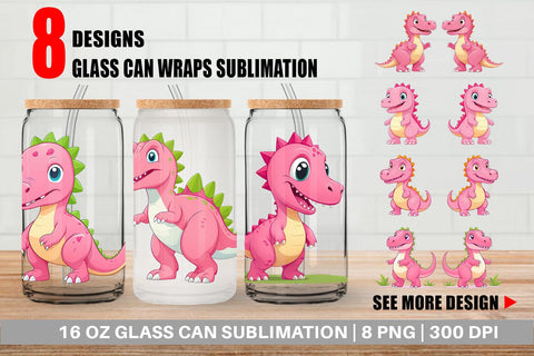 Glass Can Pink Dinosaur Valentine Sublimation artnoy 