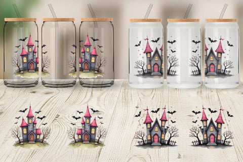 Glass Can Pink Haunted House Sublimation artnoy 