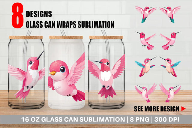 Glass Can Pink Hummingbird Valentine Sublimation artnoy 