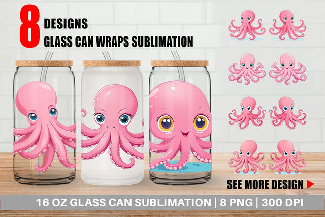 Glass Can Pink Octopus Valentine Sublimation artnoy 