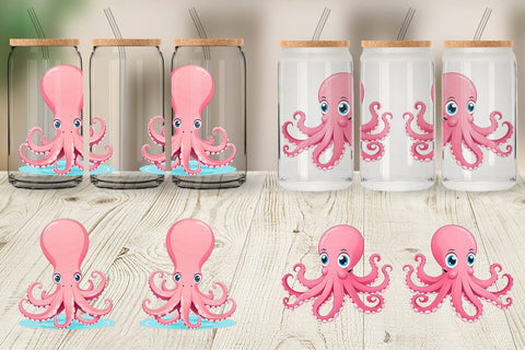 Glass Can Pink Octopus Valentine Sublimation artnoy 